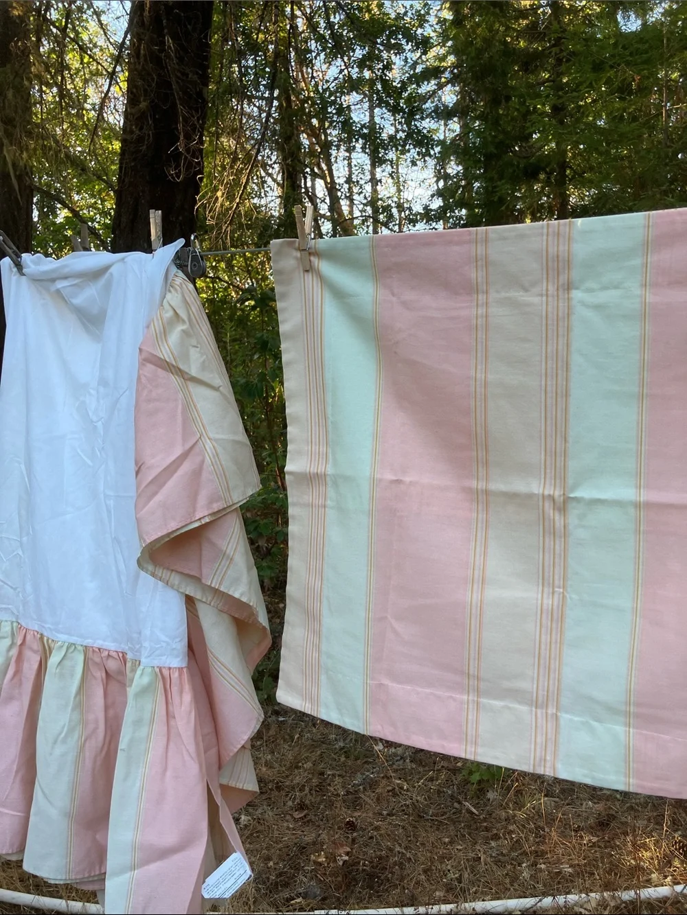 Pastel striped Full bed skirt and two pillow sham covers set made in USA